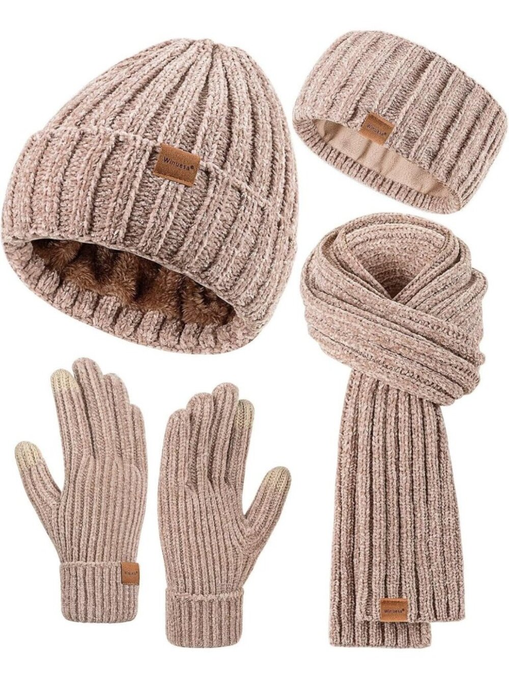 Cozy Winter Beanie, Scarf & Gloves Set - Chenille Knit, Fleece Lined